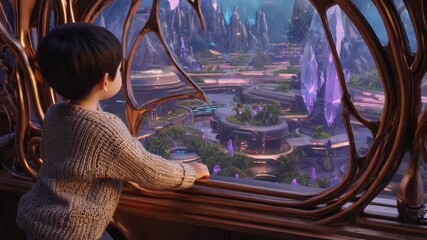 Young child gazes out a large, ornate window at a sprawling futuristic city, filled with advanced architecture, lush greenery, and glowing crystals, evoking a sense of wonder and possibility
