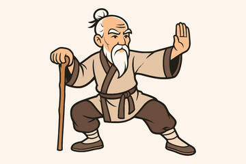 Elderly man in traditional chinese clothing practicing martial arts