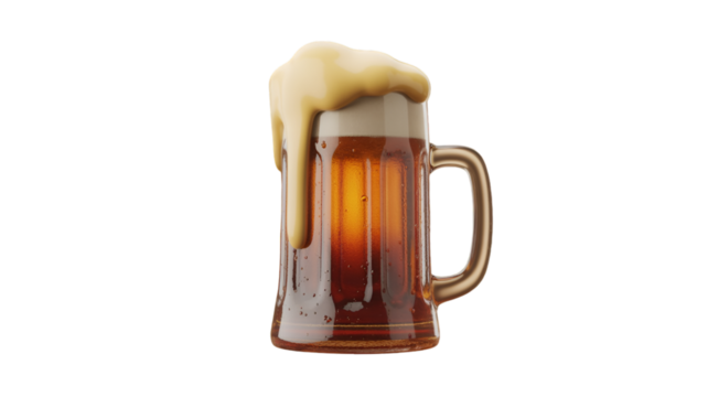 Oktoberfest beer mug with overflowing foam isolated on transparent background
