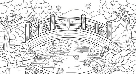 Naklejka premium Autumnal landscape scene with a picturesque wooden bridge over a tranquil stream.