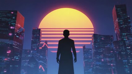 Superhero silhouette standing in front of futuristic neon city with big retro sun in background, synthwave and retrowave style, digital illustration - Powered by Adobe