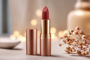 Elegant matte lipstick in rose gold packaging, displayed with decorative flowers and bokeh lights, adding a touch of luxury and sophistication to the scene.