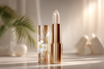 Elegant golden lipstick with floral design in a bright, luxurious setting, showcases the beauty and sophistication of high-end cosmetics and makeup.