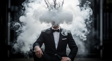Mind in the Clouds: A mysterious man in a sharp tuxedo with his head obscured by swirling smoke, symbolizing deep thought, anonymity, stress, or the abstract nature of ideas and identity.