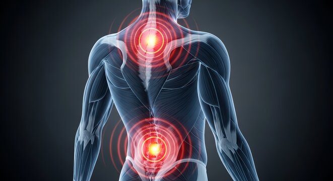 Anatomy of Pain: A medical 3D illustration showing red glowing areas of inflammation on the neck, shoulders, and upper back of a human body, representing injury and chronic pain.