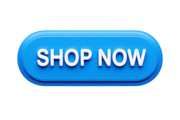 Modern blue rounded rectangle button with white text saying shop now isolated on transparent background