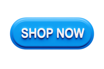 Modern blue rounded rectangle button with white text saying shop now isolated on transparent background