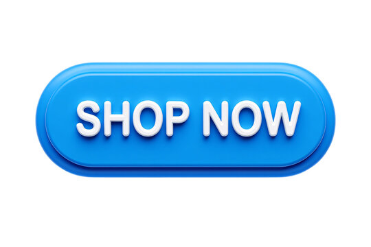 Modern blue rounded rectangle button with white text saying shop now isolated on transparent background