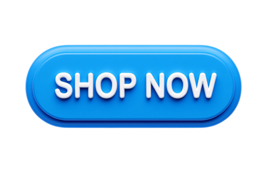 Modern blue rounded rectangle button with white text saying shop now isolated on transparent background