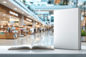 An open book and a blank book cover in front of a blurred shopping mall offers space to add your own image or text for design purposes.