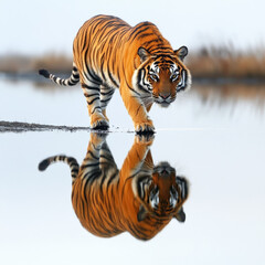Obraz premium Tiger walking along the edge of a mirror-still lake, its reflection crisp and undisturbed, peaceful and symmetrical, copy space. 