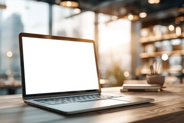 Laptop with blank white screen on a wooden desk in a bright modern office workspace, with blurred background and warm light creating a focused and professional ambiance.