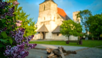 Lilac blossoms in front of a historic church