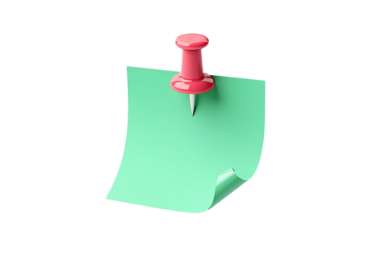 A single green sticky note with a red pushpin attached isolated on transparent background - Powered by Adobe