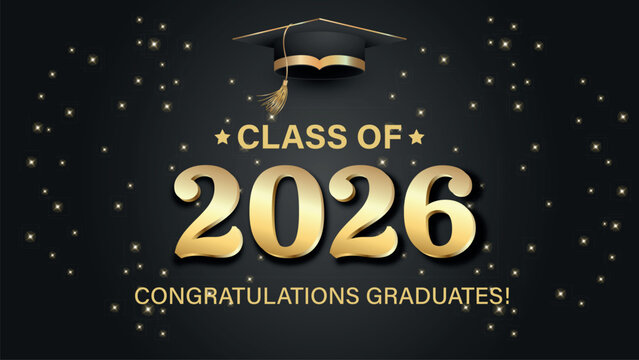 Vector illustration. Class of 2026 badge design template in black and gold colors. Congratulations graduates 2026 banner sticker card with academic hat for high school or college graduation