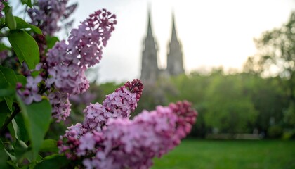 Lilac blossoms in a park with a cathedral in the background