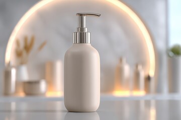 Obraz premium Elegant beige dispenser bottle with a silver pump, beautifully displayed against a blurred background with subtle lighting, conveying sophistication and style.