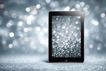 A modern tablet device sits atop a shimmering silver surface, reflecting a bokeh background, ideal for showcasing product images and holiday season promotions.