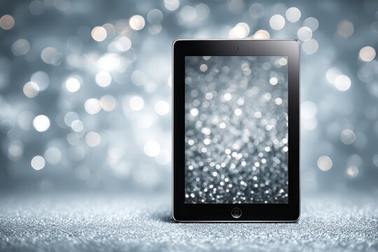 A modern tablet device sits atop a shimmering silver surface, reflecting a bokeh background, ideal for showcasing product images and holiday season promotions.