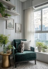 Cozy corner with a view.  Gray striped walls, emerald green armchair, and a gray tabby cat.  Bookshelves, art, and plants.  Large window overlooking city