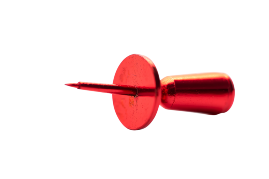 A single red thumbtack with a sharp point and round head isolated on transparent background