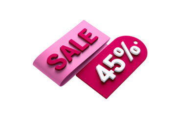 Pink and red sale tags with 45 percent discount isolated on transparent background