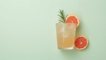 Fototapeta premium Grapefruit cocktail refreshing drink summer beverage citrus fruit rosemary garnish ice cubes healthy lifestyle vitamin c antioxidant boost pink grapefruit