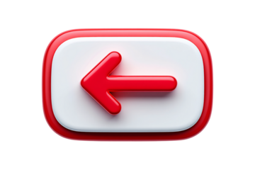 Red arrow pointing left on a white and red rounded square button isolated on transparent background