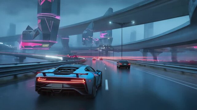 Futuristic sports car speeding down a neon-lit highway in a cyberpunk city with towering skyscrapers and elevated roads, creating a vibrant and dynamic scene