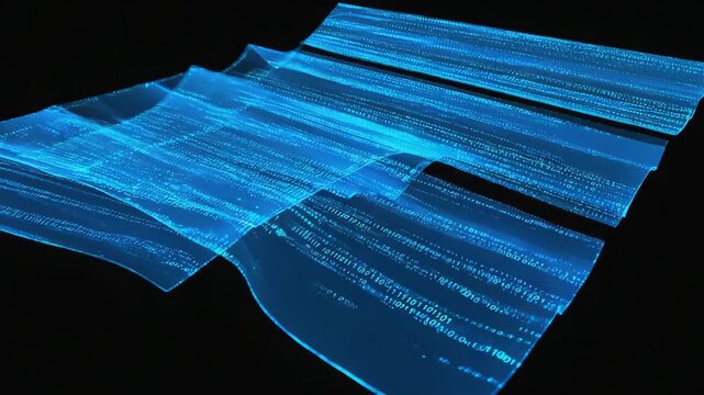 Flowing blue binary code on a black background creates a mesmerizing abstract visualization of a futuristic data stream, embodying the essence of digital technology and innovation