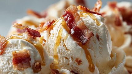 Close-up of creamy vanilla ice cream topped with crispy bacon bits and drizzled with caramel sauce. A unique dessert combination.