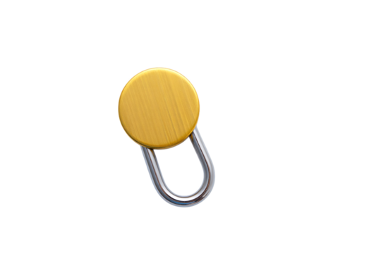 A bright yellow button attached to a silver metal carabiner clip isolated on transparent background