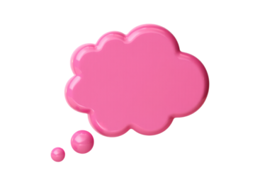 Bright pink glossy thought bubble with small bubbles isolated on transparent background