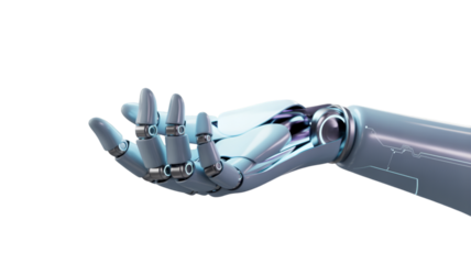 Robot hand open palm isolated on transparent background with advanced technology design