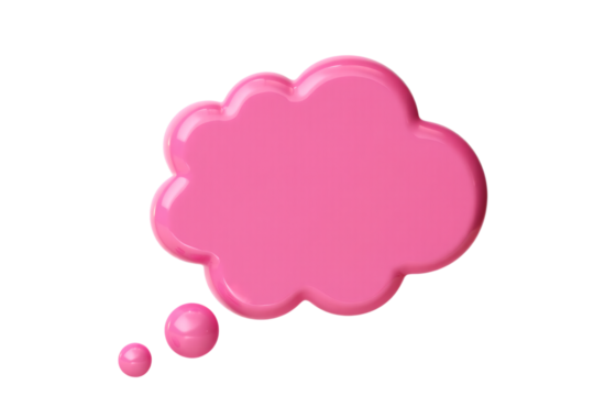Bright pink glossy thought bubble with small bubbles isolated on transparent background