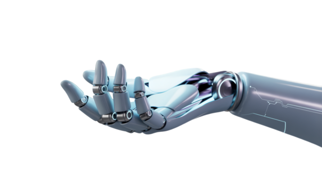 Robot hand open palm isolated on transparent background with advanced technology design