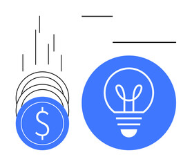 Coins stacked and falling, leading to a glowing light bulb symbolizing financial growth, innovation, and ideas. Ideal for business, startups, strategy, success, investment creativity simple landing