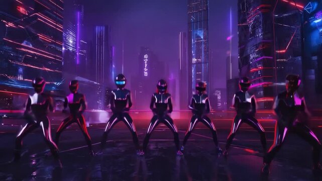 Cyberpunk racers team wearing helmets and futuristic suits posing in a neon-lit city at night, showcasing a powerful and futuristic concept