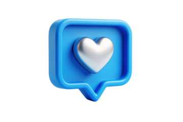 3d blue speech bubble with silver heart icon symbolizing social media like or approval isolated on transparent background