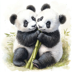 Obraz premium Two baby pandas sitting side by side, leaning on each other, sharing a bamboo stalk, deep sibling bond and natural harmony, copy space. 