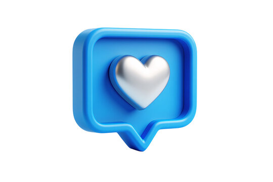 3d blue speech bubble with silver heart icon symbolizing social media like or approval isolated on transparent background