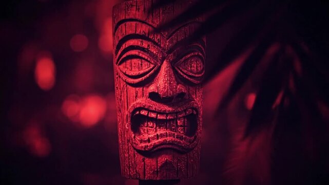 A redlit tiki head with foliage intricate woodcarved face with flared nostrils open mouth and blurred red background