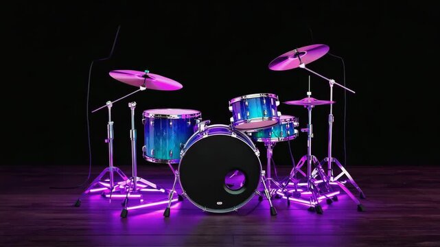 Drum set glowing with vibrant purple neon lights on a dark stage, creating an electrifying atmosphere perfect for music performances or dynamic recording sessions