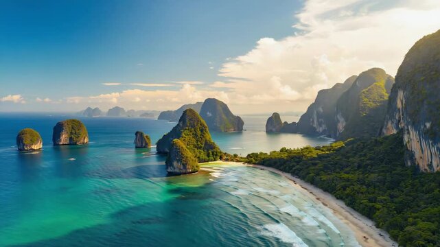 Breathtaking aerial view of hong islands at sunset, featuring turquoise waters, lush vegetation, and stunning rock formations, creating a picturesque tropical paradise in krabi, thailand