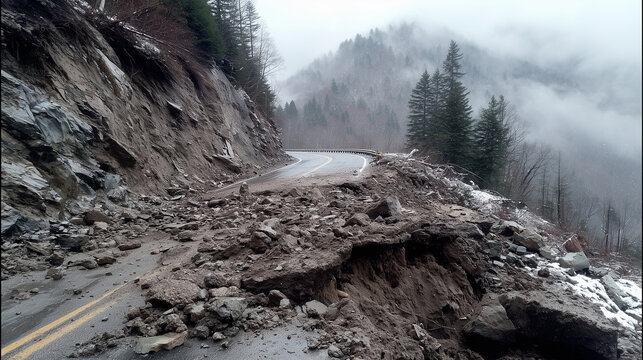 A landslide endangers vehicles, with falling rocks, debris, and mud blocking roads, reducing visibility, and making driving highly dangerous.