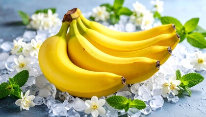 Fresh Bananas on Ice with Flowers.