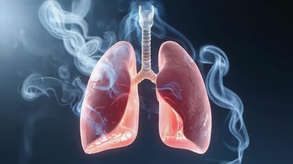 Smoke is surrounding human lungs, representing the dangers of smoking, nicotine addiction, and tobacco use, leading to lung cancer and respiratory diseases