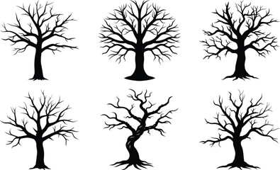 Vector art of group of six bare trees, featuring winter nature and leafless branches in silhouette