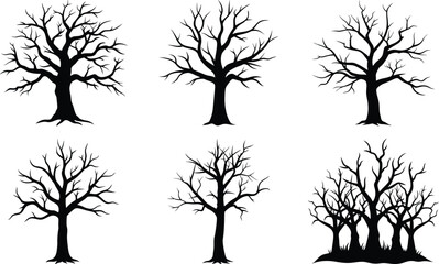 Vector art of set of six bare trees, showcasing diverse silhouettes for winter or autumn nature themes