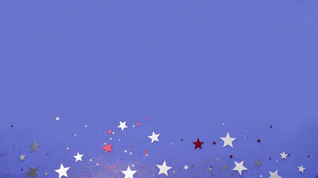 Purple background with scattered red silver and white star confetti